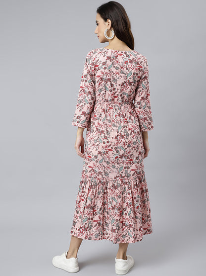 Peach Cotton Floral Print Flared Kurta