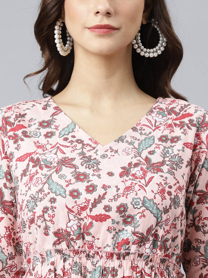 Peach Cotton Floral Print Flared Kurta