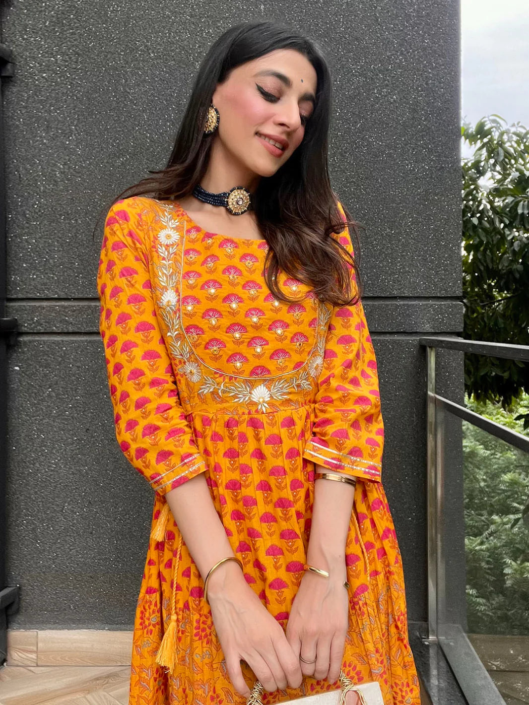 Women's Mustard Cotton Floral Print Flared Kurta