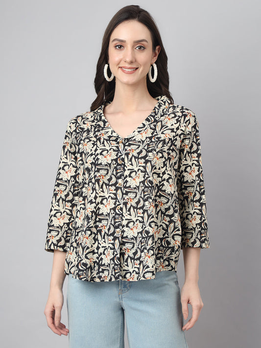 Black Cotton Floral Print Top