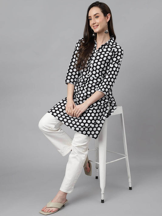 Silae Women's Black Cotton Polka Print A-Line Tunic