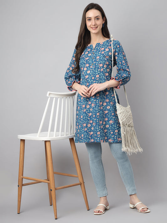 Blue Cotton Floral Print Tunic