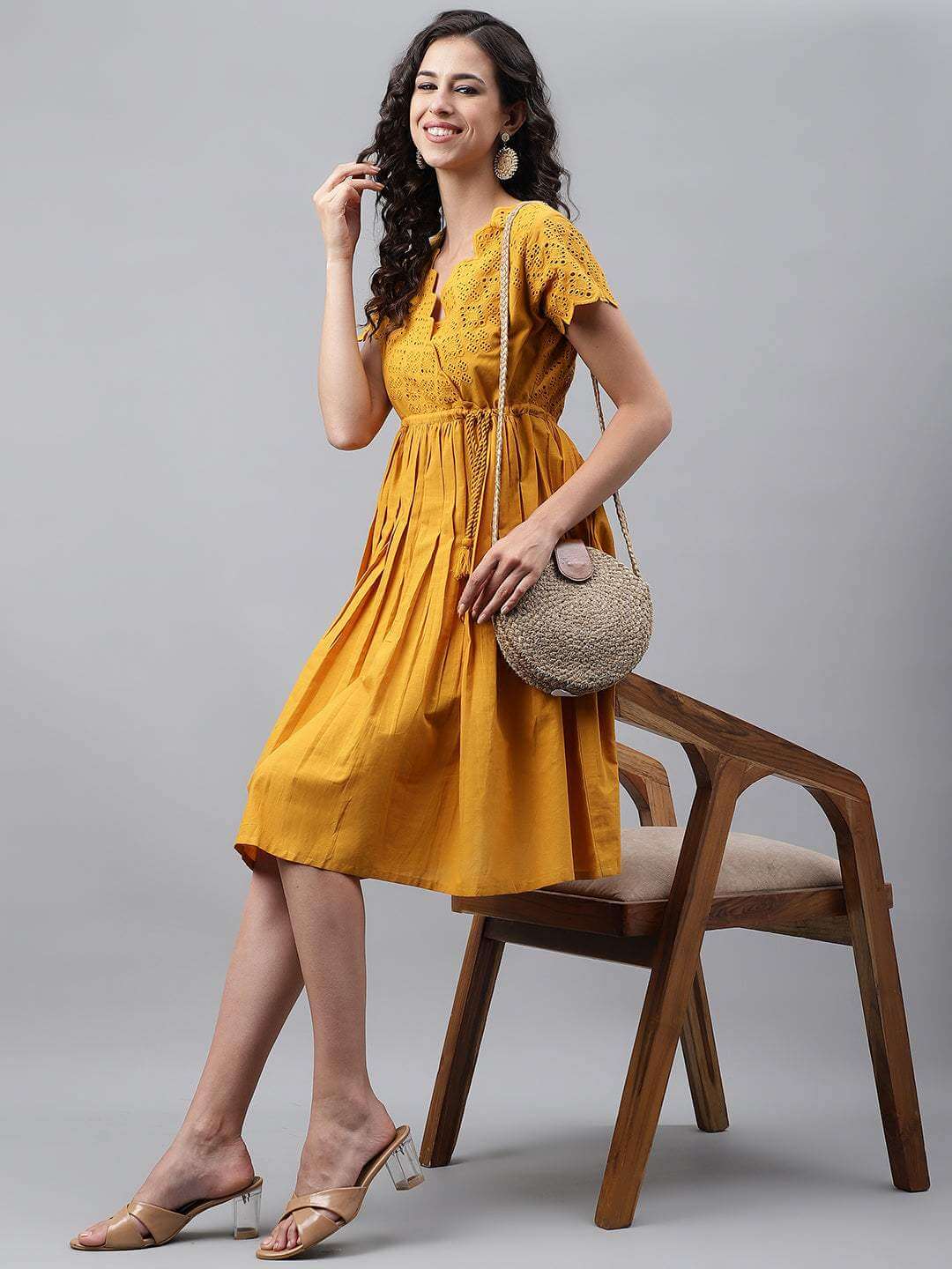 Yellow Cotton Schiffli Flared Dress