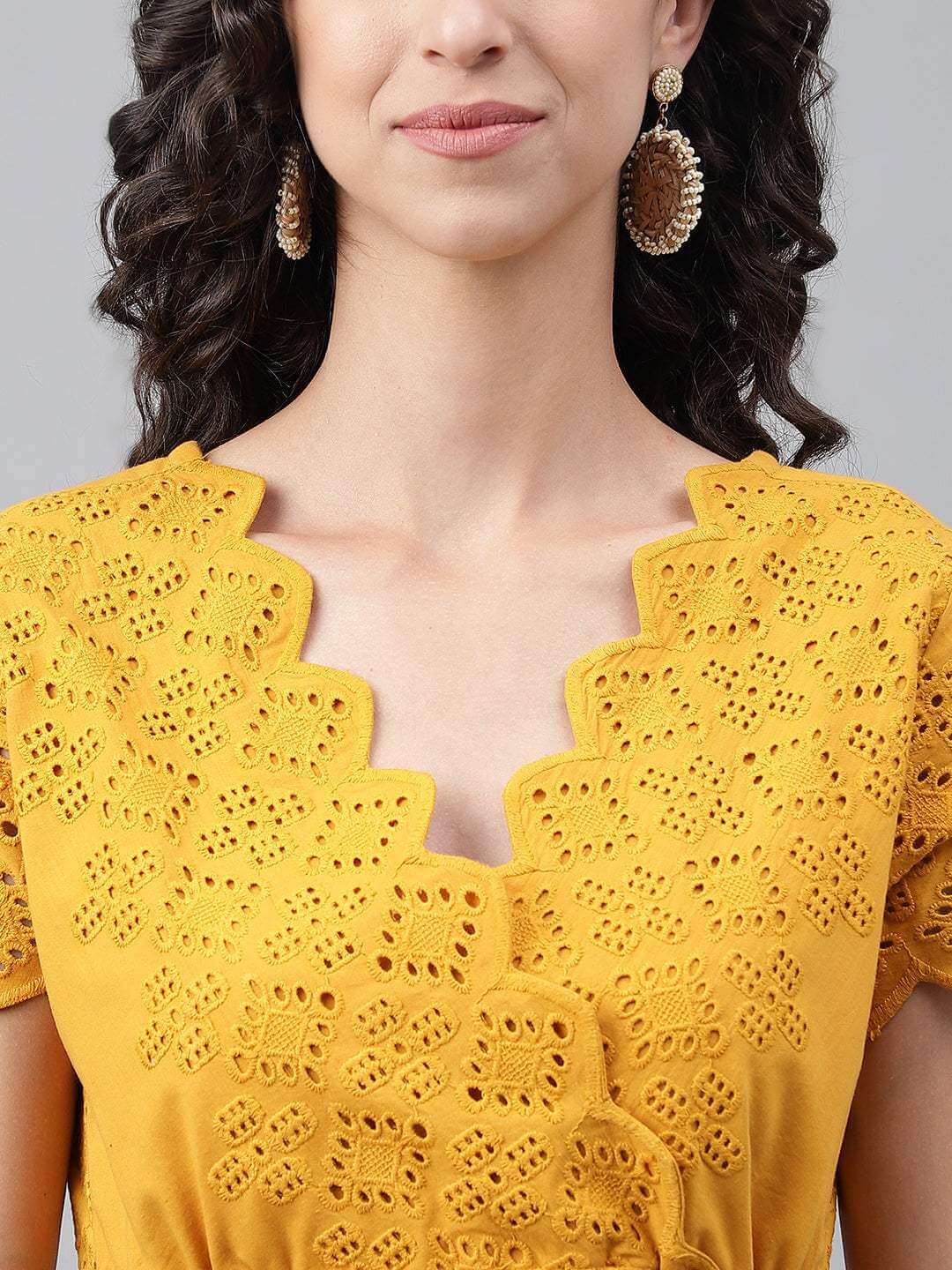 Yellow Cotton Schiffli Flared Dress