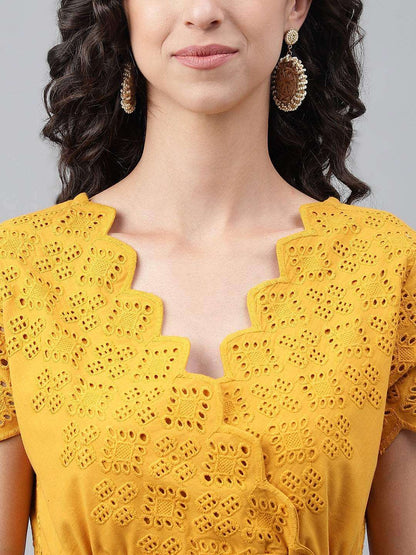 Yellow Cotton Schiffli Flared Dress