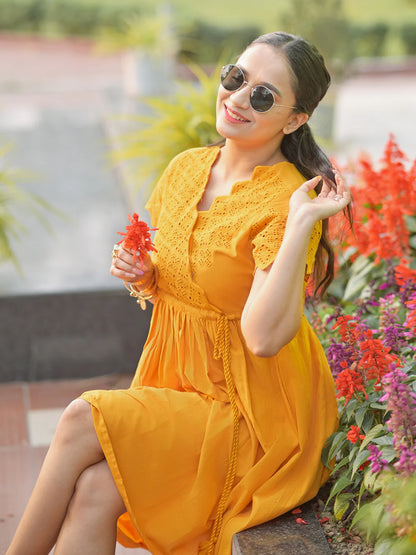 Yellow Cotton Schiffli Flared Dress
