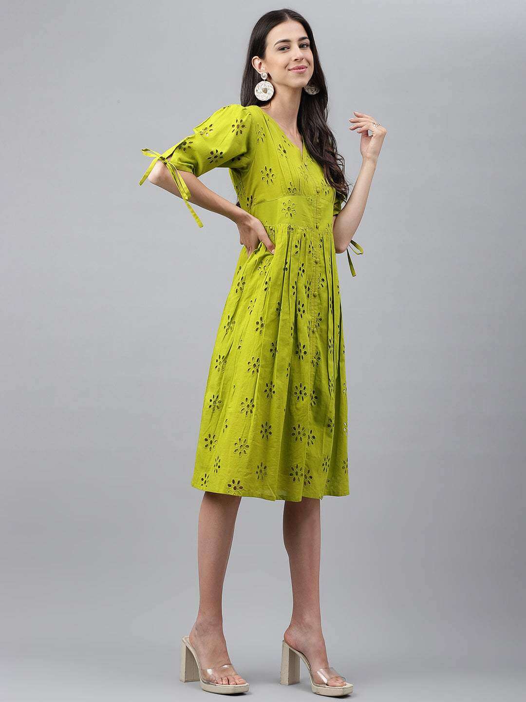 Lime Green Cotton Schiffli Flared Western Dress