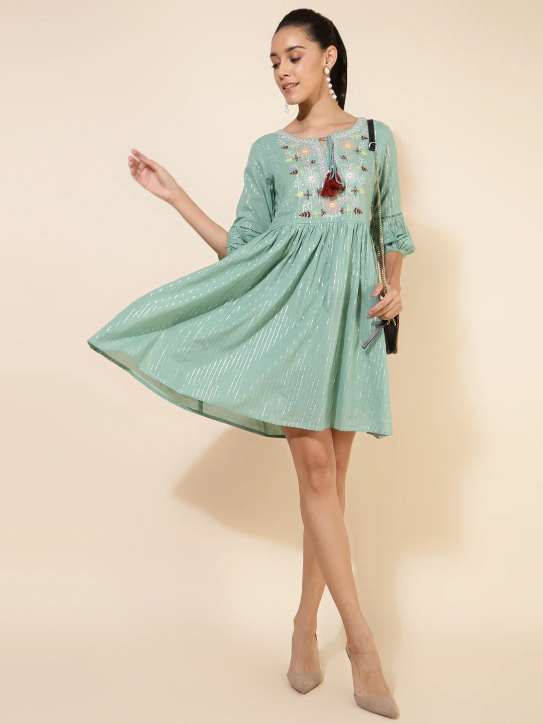 Green Cotton Yoke Embroidery Gathered Dress