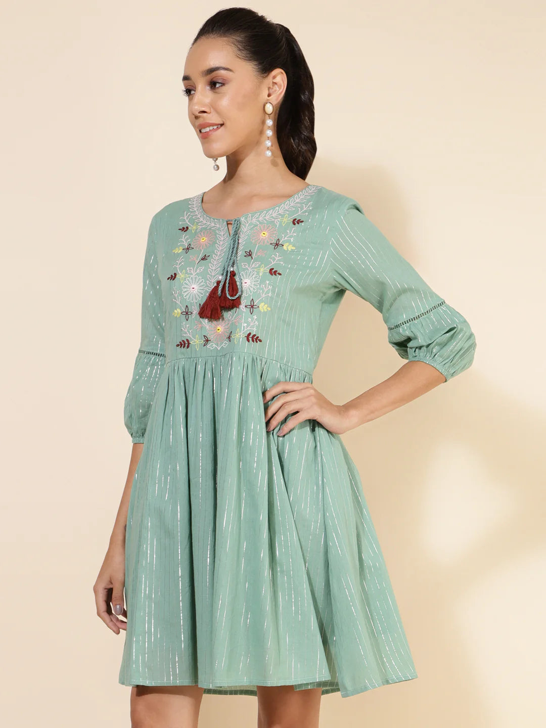 Green Cotton Yoke Embroidery Gathered Dress