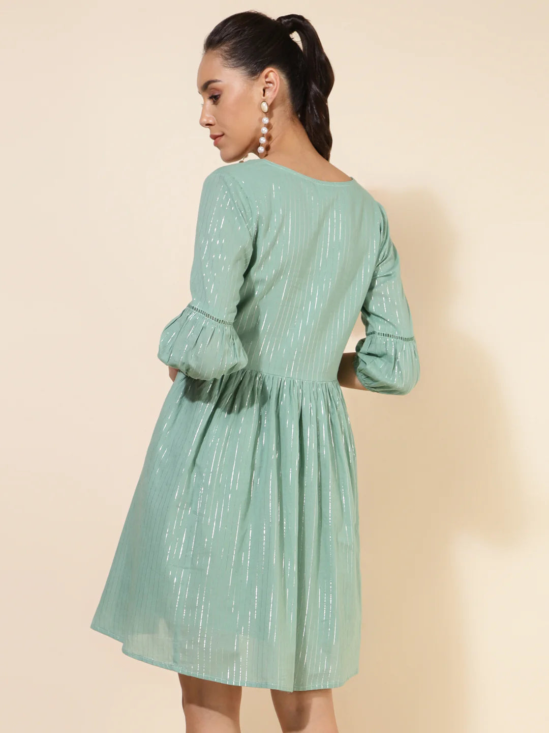Green Cotton Yoke Embroidery Gathered Dress