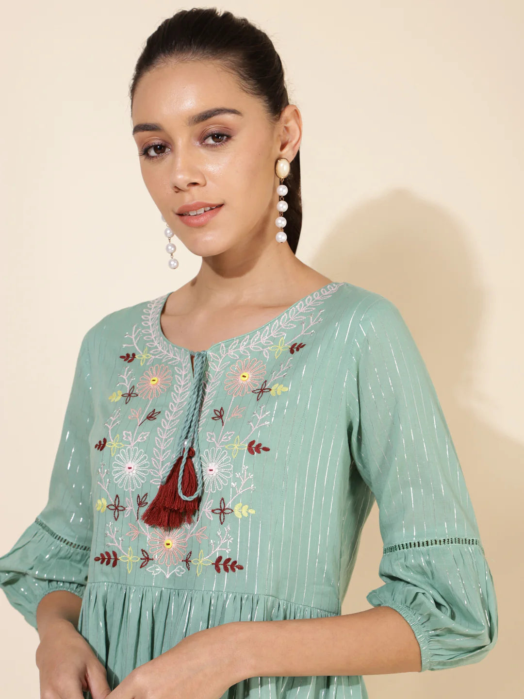 Green Cotton Yoke Embroidery Gathered Dress