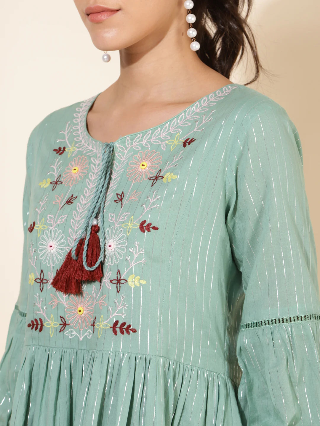 Green Cotton Yoke Embroidery Gathered Dress
