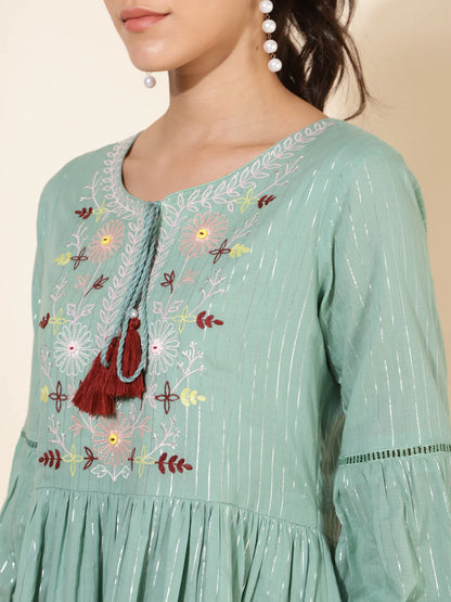 Green Cotton Yoke Embroidery Gathered Dress