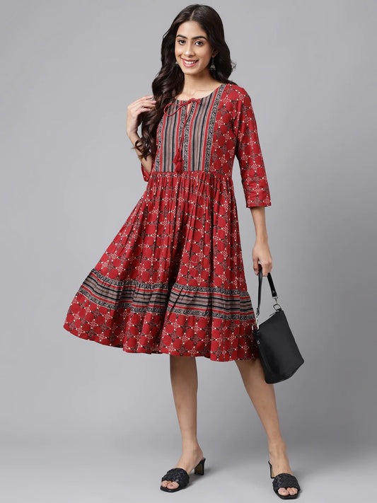 Maroon Cotton Ethnic Motifs Printed Flared Dress