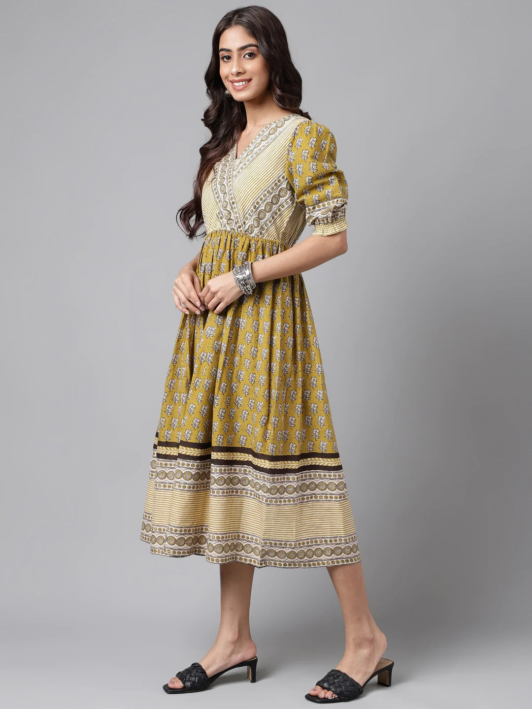 Olive Green Cotton Floral Printed Gathered Dress Silae