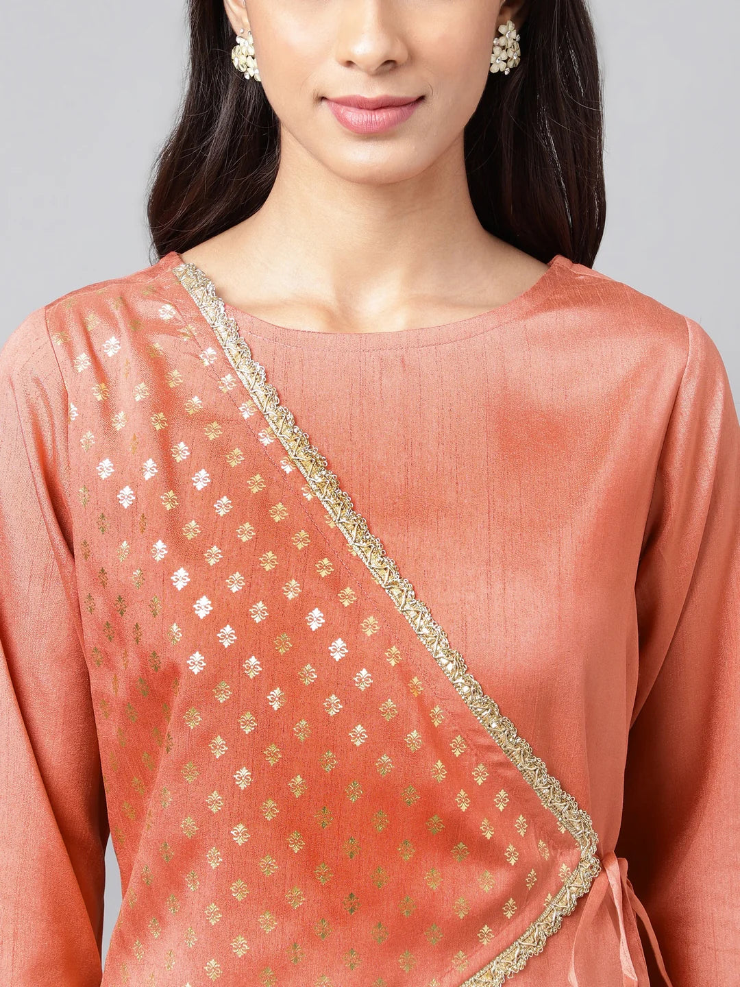 Peach Crepe Silk Embellished A-Line Kurta