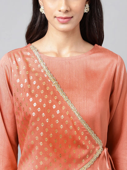 Peach Crepe Silk Embellished A-Line Kurta
