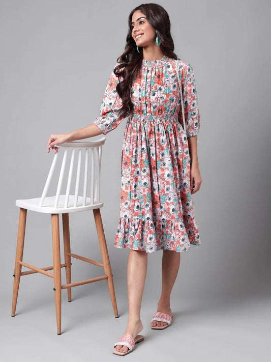 Orange Moss Floral Printed Flared Dress Silae