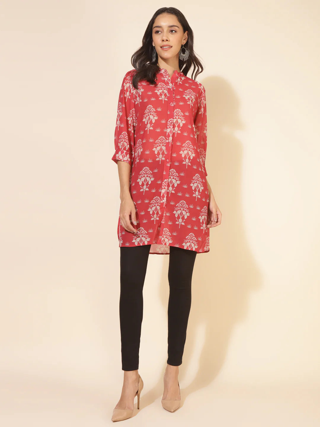 Red Georgette Floral Printed Regular Tunic