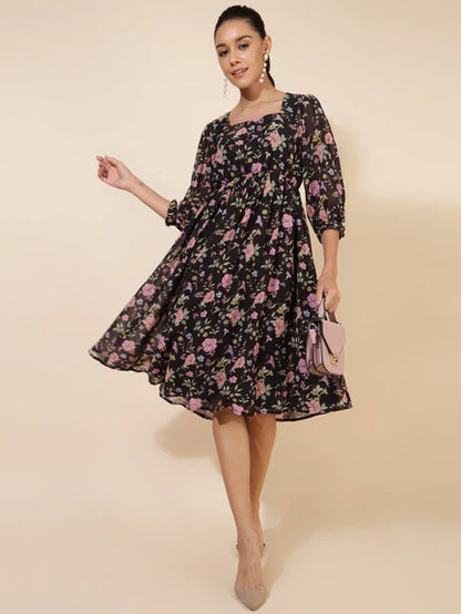 Black Georgette Floral Printed Flared Dress