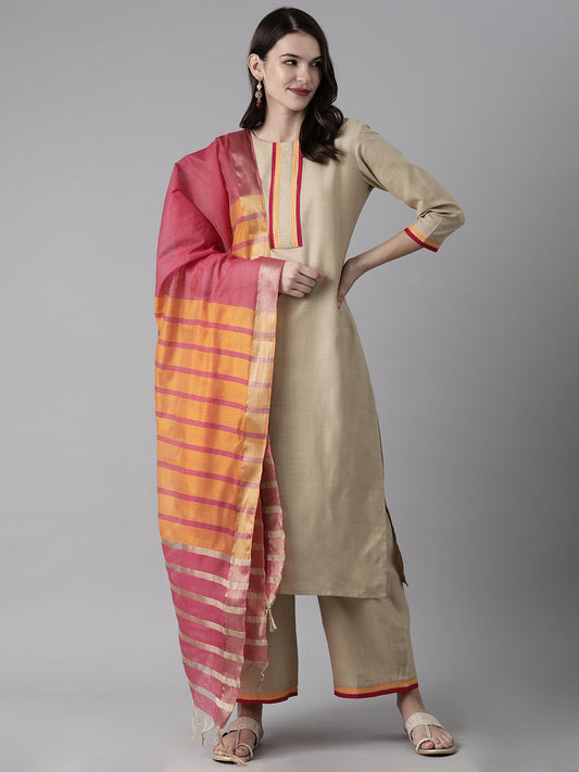 Indo Era Beige Solid Straight Kurta Palazzo With Dupatta Set