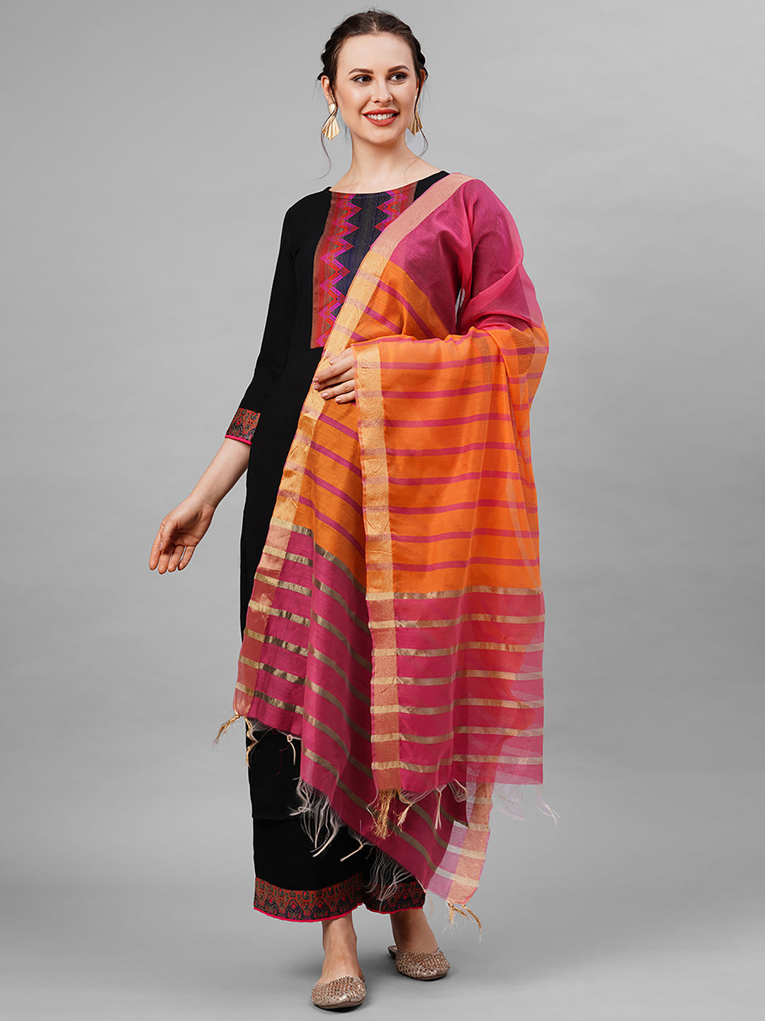 Black Solid Kurta Yoke With Palazzo With Ready Made Dupatta Set