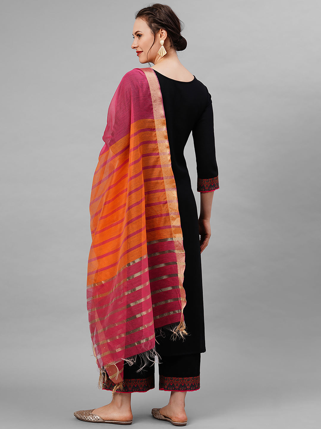Black Solid Kurta Yoke With Palazzo With Ready Made Dupatta Set
