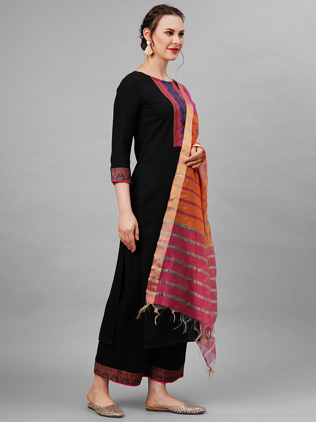 Black Solid Kurta Yoke With Palazzo With Ready Made Dupatta Set