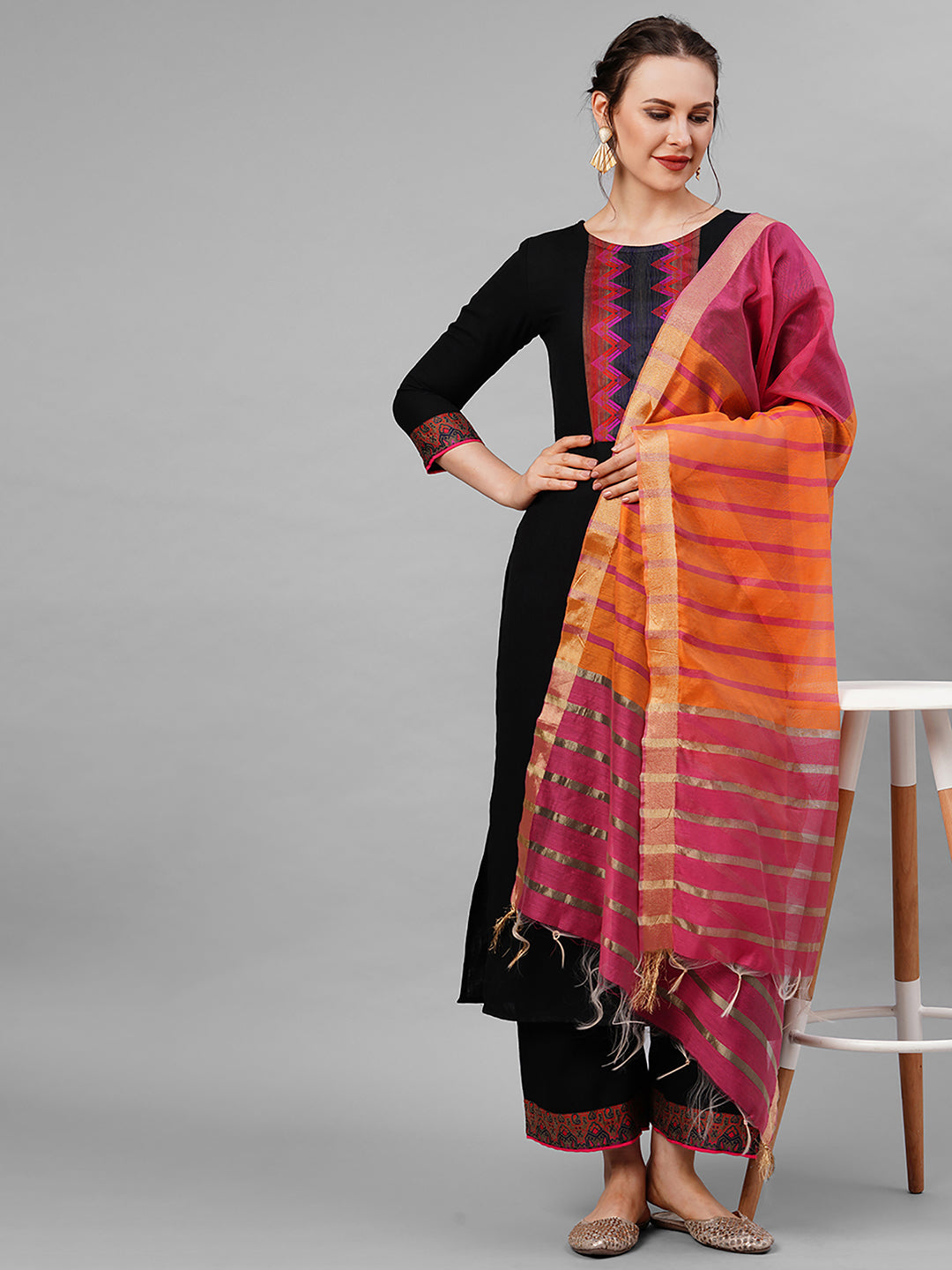 Black Solid Kurta Yoke With Palazzo With Ready Made Dupatta Set