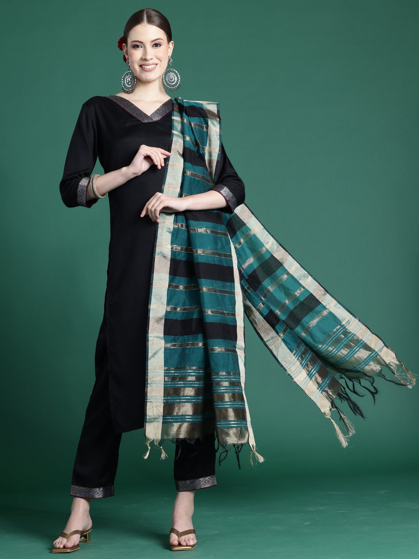 Indo Era Black Self Design Straight Kurta Trousers With Dupatta set