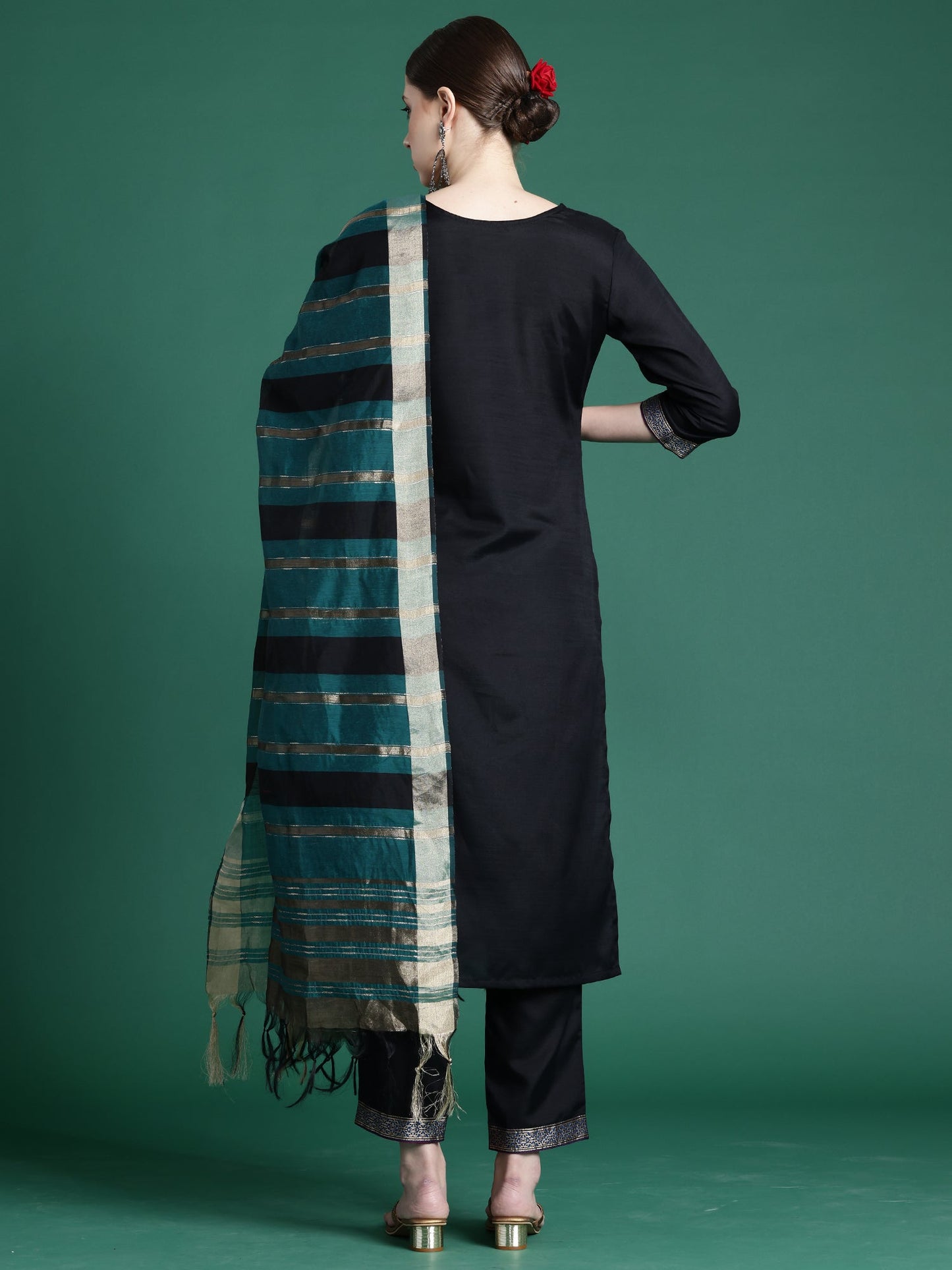 Indo Era Black Self Design Straight Kurta Trousers With Dupatta set