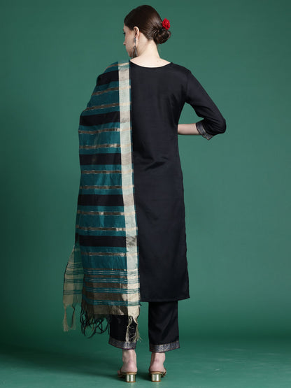 Indo Era Black Self Design Straight Kurta Trousers With Dupatta set
