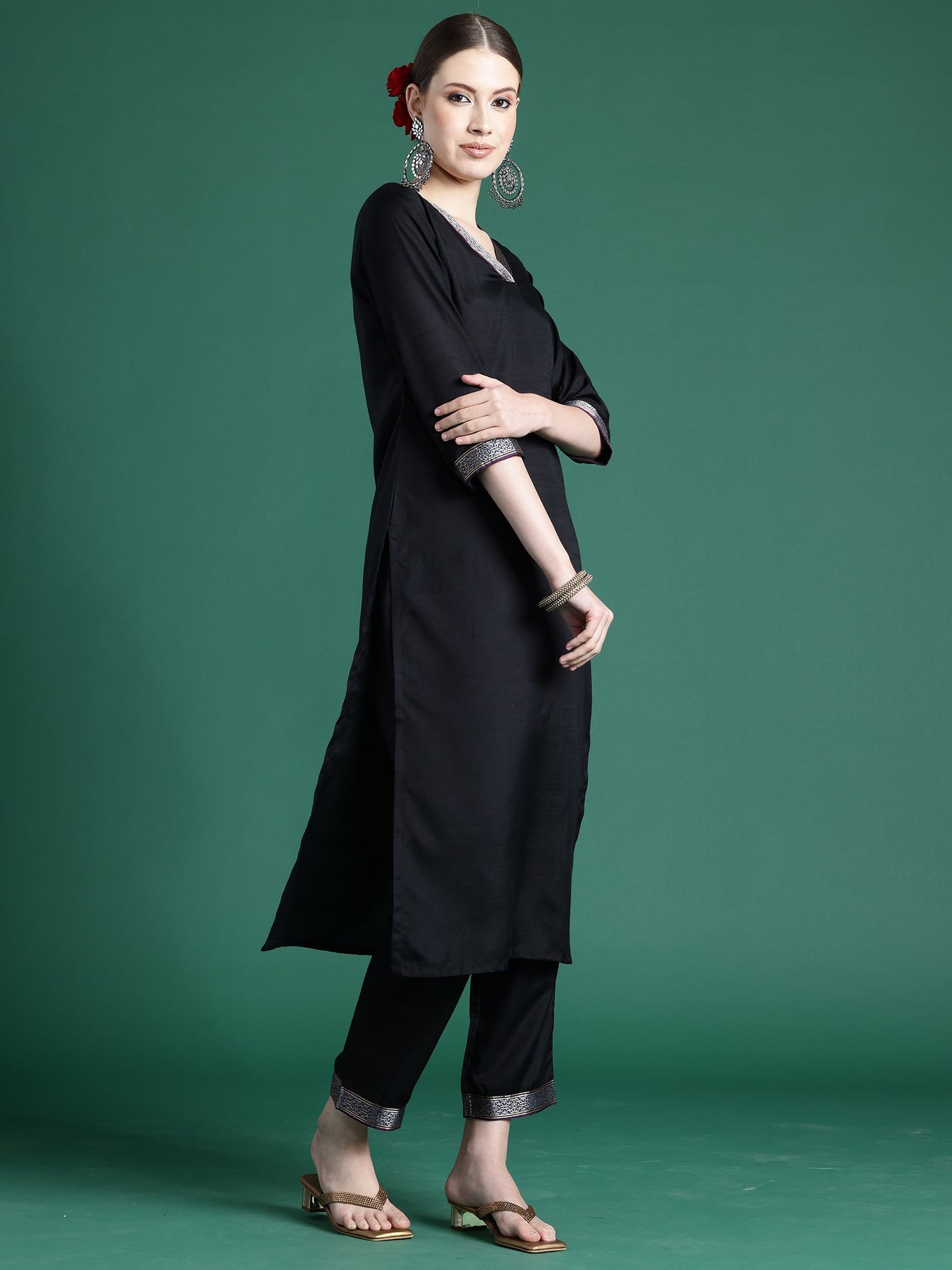 Indo Era Black Self Design Straight Kurta Trousers With Dupatta set