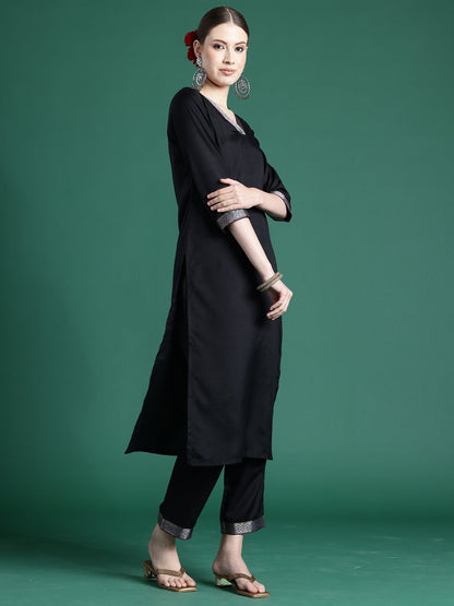 Indo Era Black Self Design Straight Kurta Trousers With Dupatta set