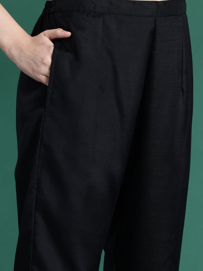 Indo Era Black Self Design Straight Kurta Trousers With Dupatta set