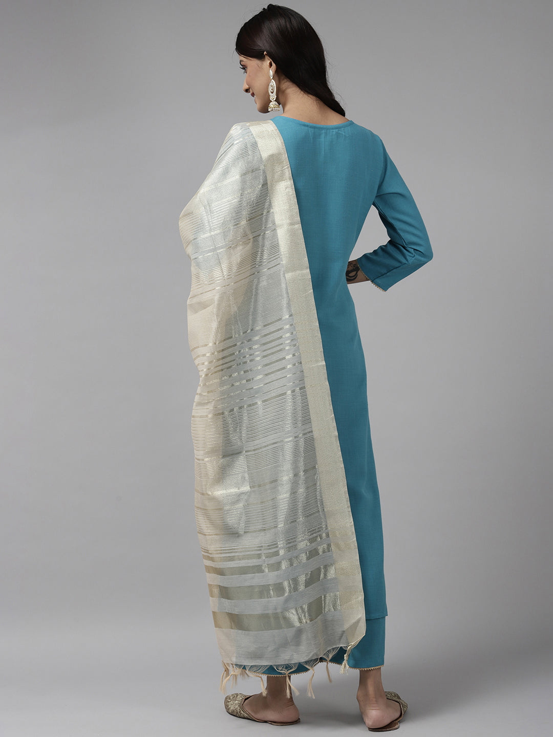 Indo Era Blue Printed Straight Kurta Palazzo With Dupatta Set