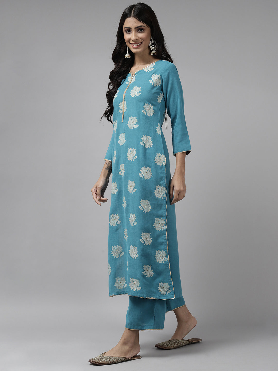 Indo Era Blue Printed Straight Kurta Palazzo With Dupatta Set