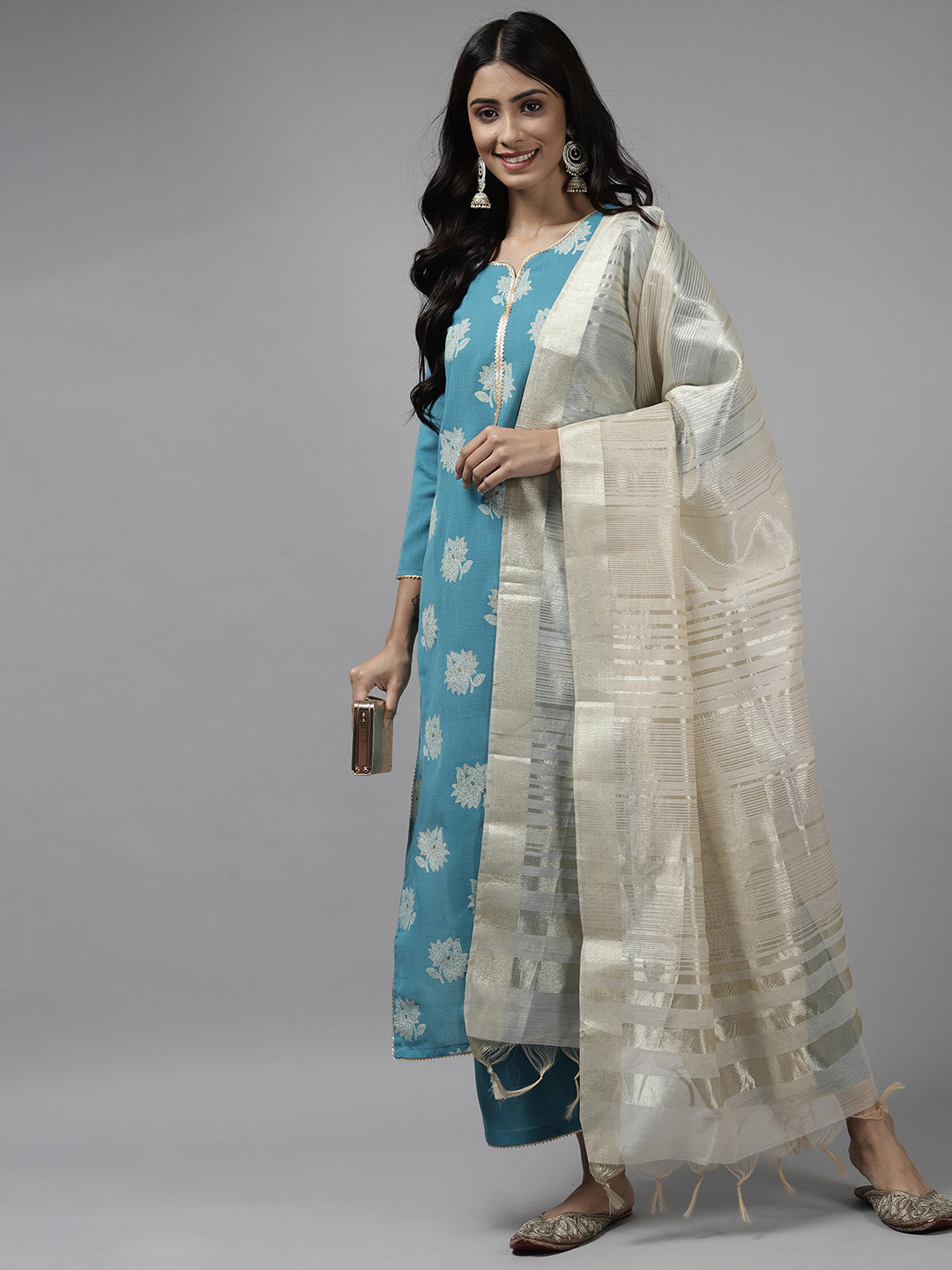 Indo Era Blue Printed Straight Kurta Palazzo With Dupatta Set