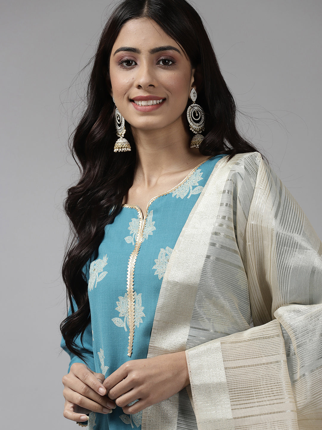 Indo Era Blue Printed Straight Kurta Palazzo With Dupatta Set