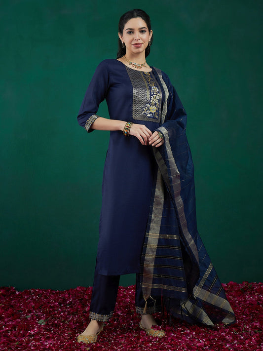 Indo Era Blue Yoke Design Straight Kurta Trousers With Dupatta set