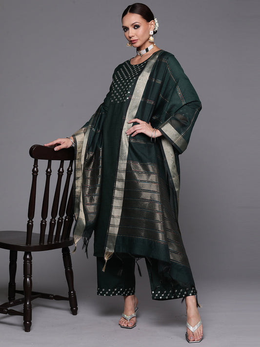 Indo Era Green Embroidered Straight Kurta Palazzo With Dupatta Set