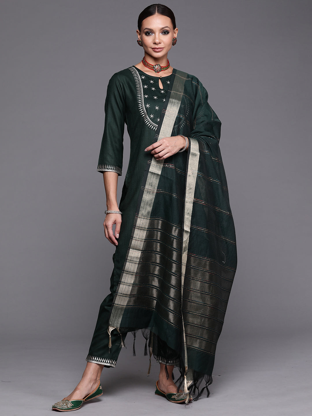Indo Era Green Solid Straight Kurta Trouser With Dupatta Set