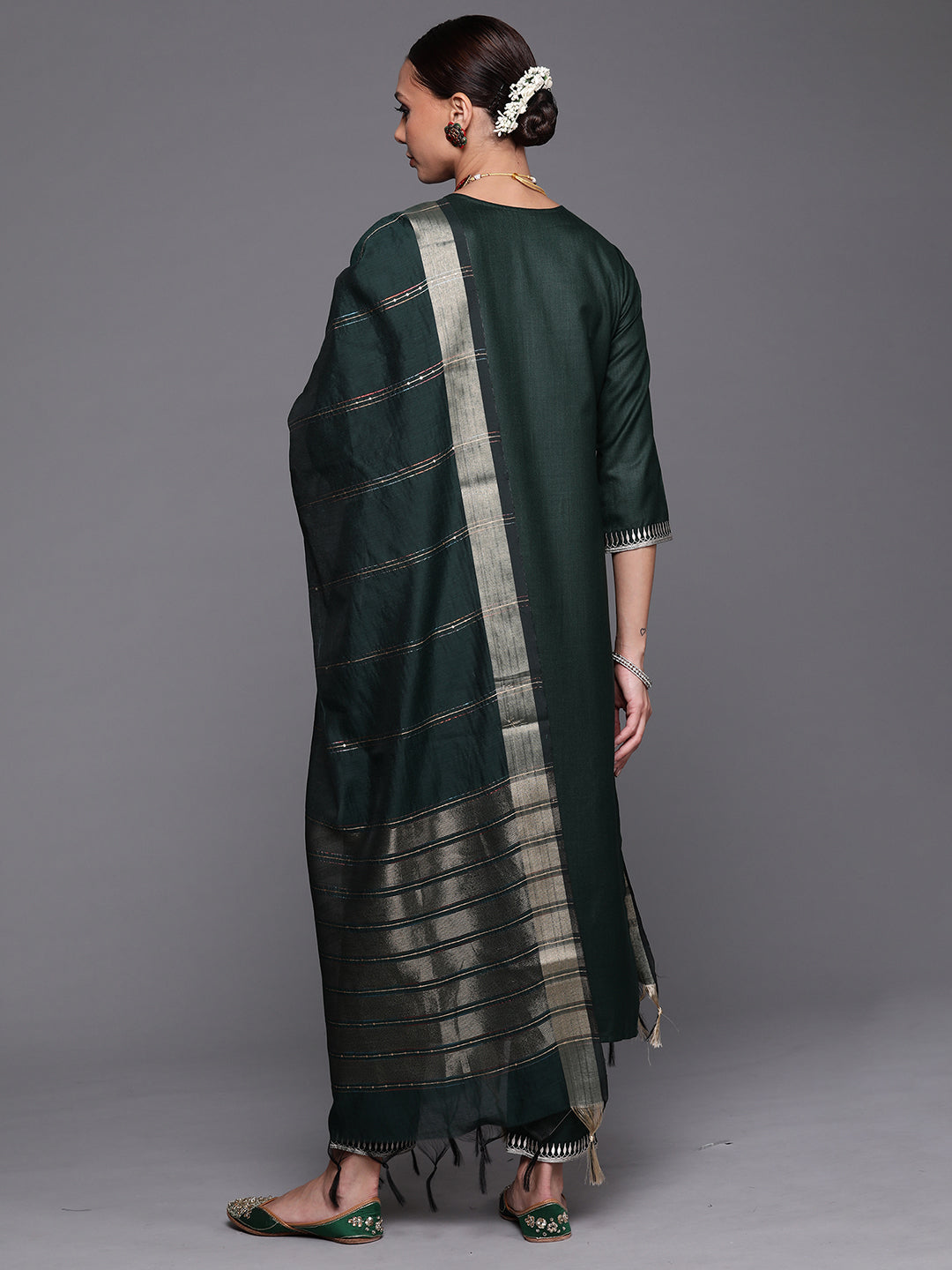 Indo Era Green Solid Straight Kurta Trouser With Dupatta Set