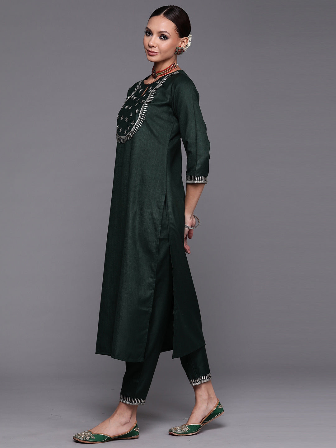 Indo Era Green Solid Straight Kurta Trouser With Dupatta Set