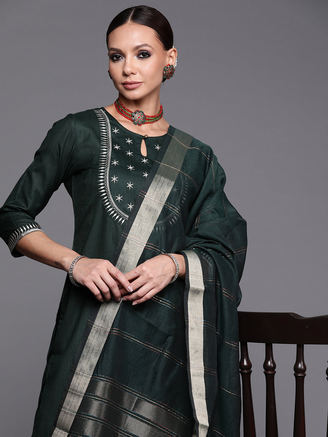 Indo Era Green Solid Straight Kurta Trouser With Dupatta Set