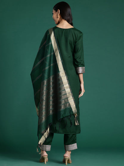 Indo Era Green Yoke Design  Straight Kurta Trousers With Dupatta set