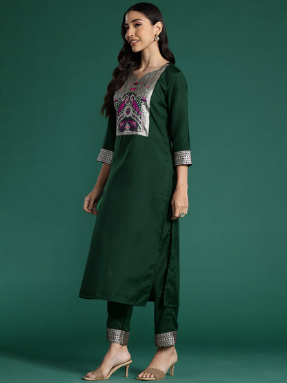 Indo Era Green Yoke Design  Straight Kurta Trousers With Dupatta set