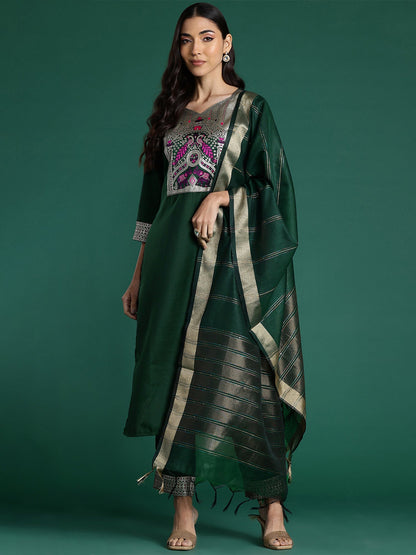 Indo Era Green Yoke Design  Straight Kurta Trousers With Dupatta set