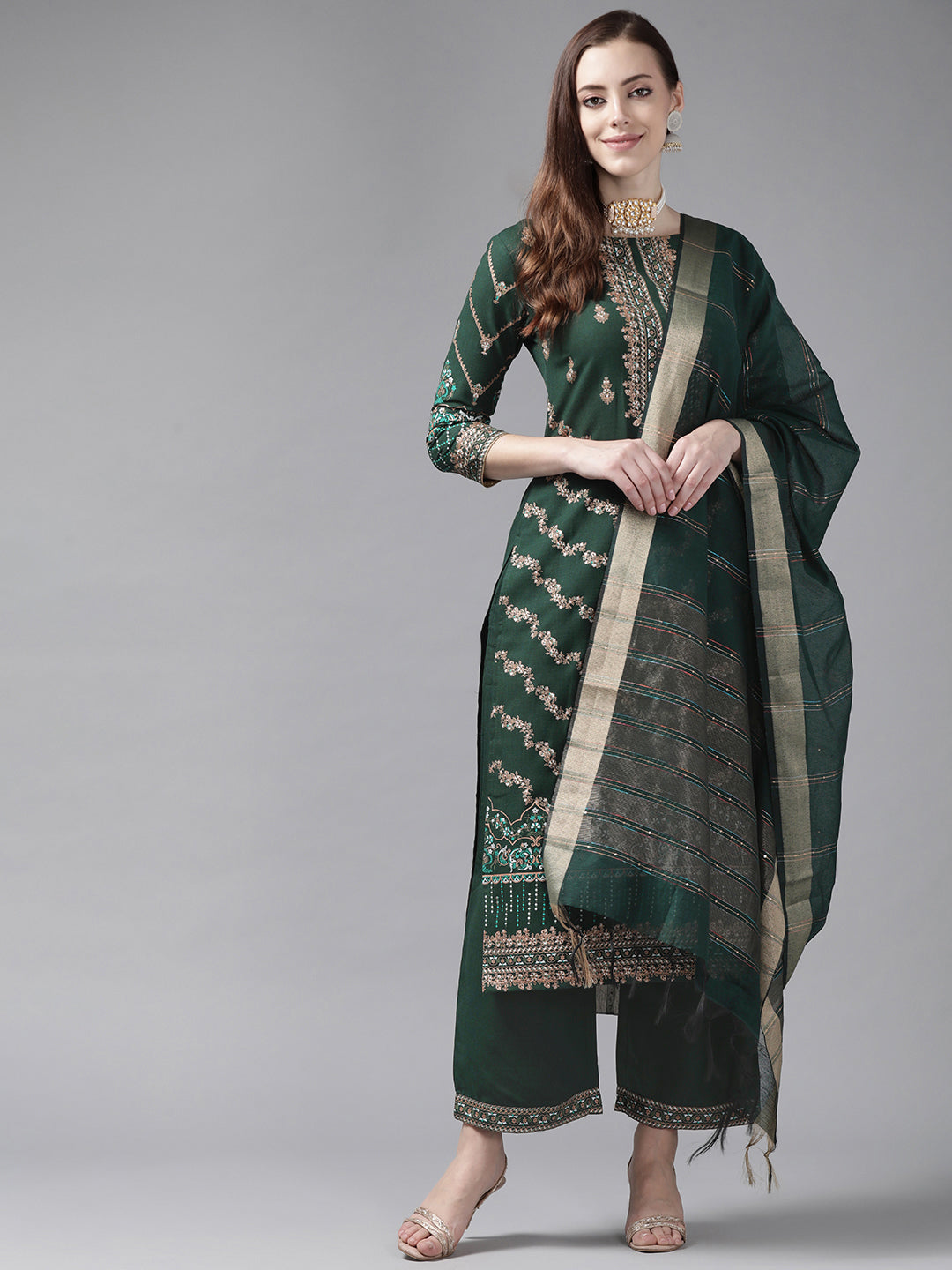 Indo Era Green Foil Printed Straight Kurta Palazzo With Dupatta Set