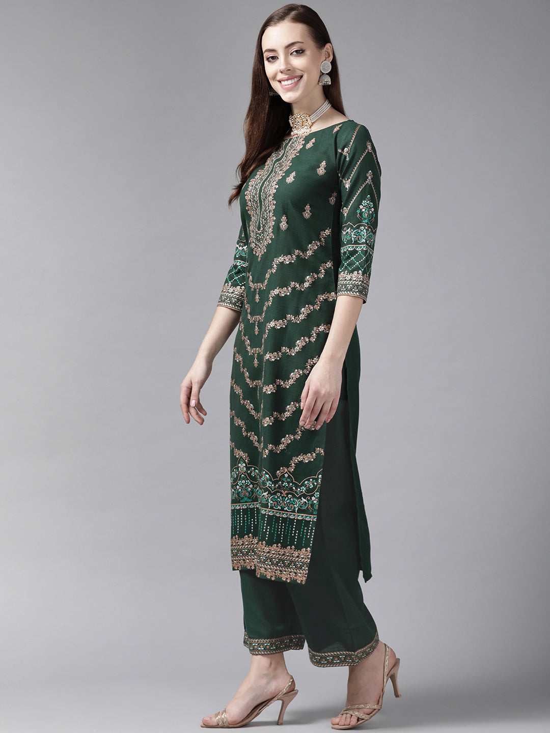 Indo Era Green Foil Printed Straight Kurta Palazzo With Dupatta Set